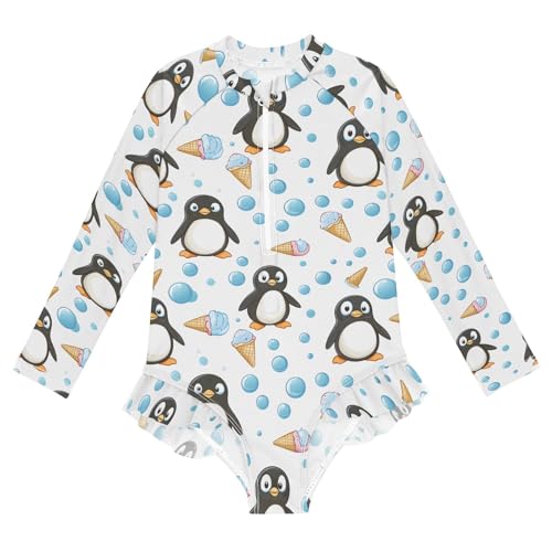 One Piece Girls Swimsuit Long Sleeve Rashguard Zipper Swimwear, Penguins Ice Cream White 3T