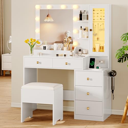 Vanity Desk with Mirror & Lights, 5 Storage Drawers, Power Outlet, Chair, RGB Ambient Light, Girls' Bedroom