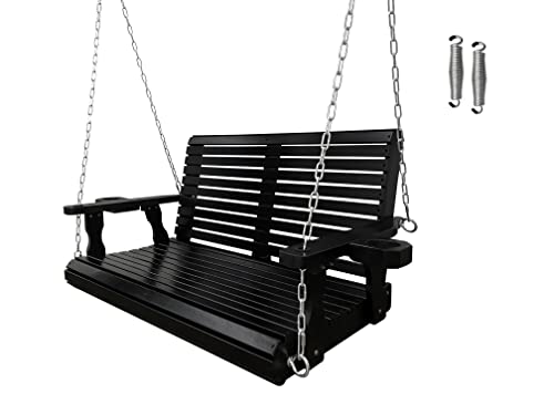 Wooden Porch Swing 2-Seater, Bench Swing With Cupholders, Hanging Chains And 7Mm Springs, Heavy Duty 800 Lbs, For Outdoor Patio Garden Yard, 4 Ft., Black #TOP9