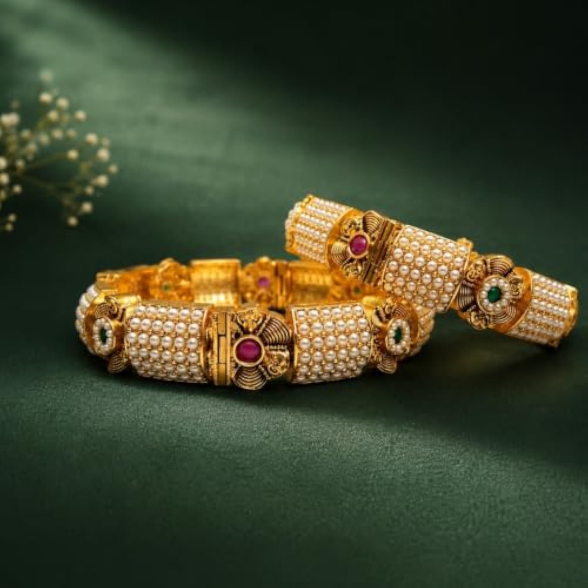 Traditional Plated Studded Stone Textured Bangles Set of 2