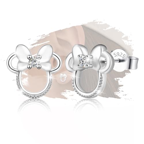 Mouse Bow Earrings Sterling Silver Small Animal Stud Earrings for Women Hypoallergenic Cubic Zirconia Cute Lovely Earring Gifts for Sister