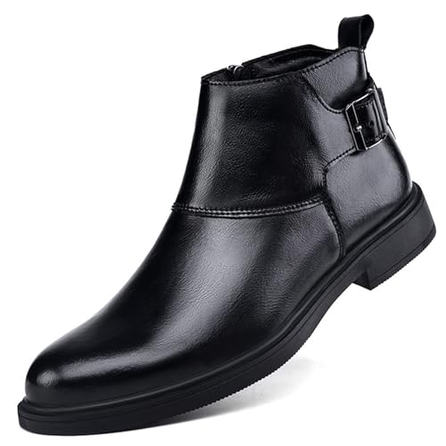 Men's Genuine Leather Pointed Toe Dress Chelsea Boots Adjustable Buckle Inner Zipper Ankle Boots Casual Formal Business Booties