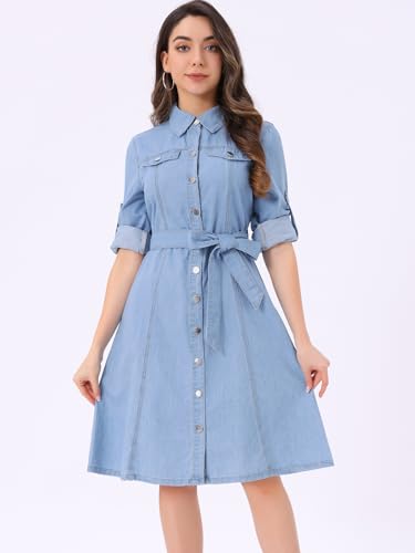 Image of Allegra K Denim Dress for Women's Long Sleeve Button Down A-Line Belted Classic Jean Dresses