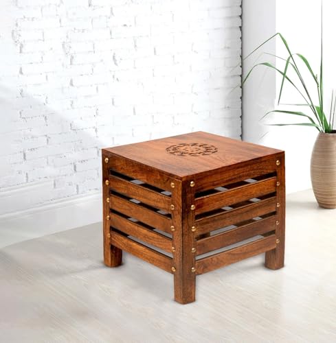 Image of SATTVA Wooden Stool for Living Room & Bedroom | Handmade Solid Mango Wood Stool with Antique Finish | Multipurpose Wooden Stool for Sitting, Footstool, Plant Stand, Side Table, Home - Brown