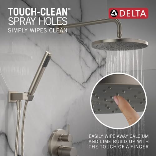Image of Delta Modern 14 Series Round Rain Shower System Faucet Set, Rainfall Brushed Nickel Shower Head and Handle Set, Valve Trim Kit, 10 Inch, Spotshield Stainless 342702-SP