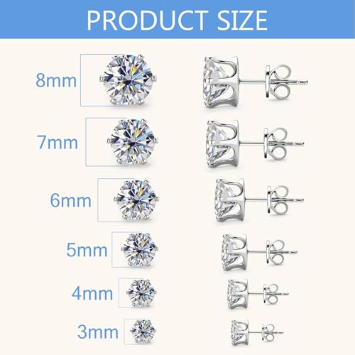 RENKE6 Pairs Stainless Steel Stud Earrings for Women Men, Hypoallergenic Silver Tone Cubic Zirconia Ear Studs Set, Round Clear CZ Piercing Jewellery Gifts (Size 3mm 4mm 5mm 6mm 7mm 8mm)