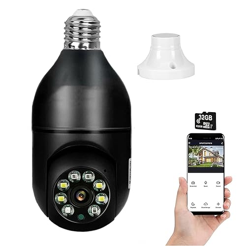 Safecam 360 Security Camera Wireless Outdoor Light Bulb Panorama Camera,5GHz WiFi Light Bulb Smart Security Cameras for Build Safe Home Easy Install,Night Vision,Move Detection,Two-Way Call (Black+SD)