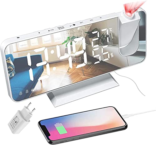 Projektionswecker Radiowecker mit USB-Anschluss Wecker Digital, 7.4" LED Spiegelbildschirm Display 180°Projektor 4 Projektionshelligkeit für Schlafzimmer Büro, USB Ladegerät Enthalten (Weiß&Weiß) Cover
