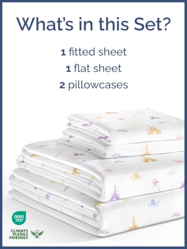 Image of Kids Queen Size Princess Bed Sheets - 4 Piece Kids Princess Sheet Set | Princess Themed Bedding, Ultra-Soft, Cute & Cozy, Breathable & Machine Washable, Bed Set for Boys, Girls & Teens, Breathable