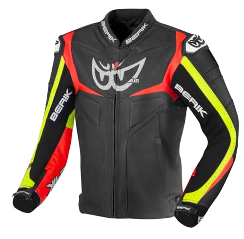 BERIK Wild Chase Chaqueta de cuero para motocicleta (Black/White/Red/Yellow,58)