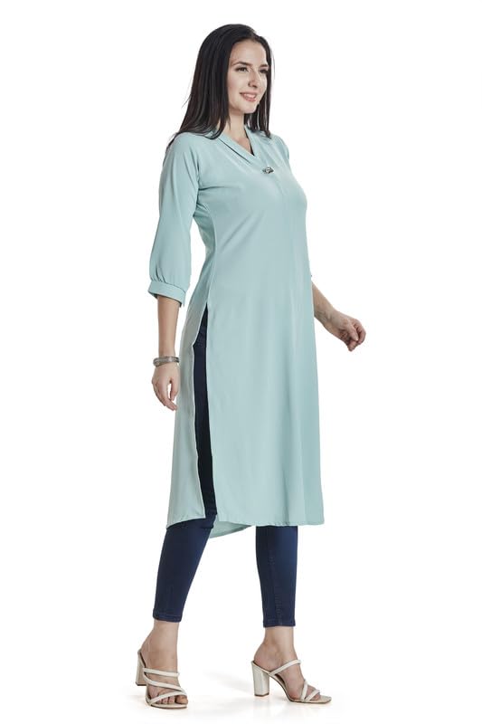 Image of nioni Women's Straight Solid Kurti with V-Fold Neck | Rayon Lycra Material | Fashionable Micro Pleates | 3 /4th Sleeve Kurta for Woman & Girls (S to 2XL)