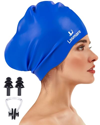 Large Long Hair Swim Cap with Extra Room for Women Men, Silicone Swimming Cap for Long Thick Hair with Ear Plugs Nose Clip Set, Adult Waterproof Swim Hats Bathing Caps to Keep Hair Dry(Blue)