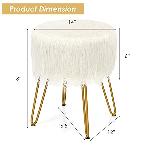 Giantex Faux Fur Vanity Stool Chair, Round Footstool Ottoman With Metal Legs For Living Room, Fluffy Chair With Furry Padded Seat, Makeup Stool For Bedroom, Decorative Furniture Footrest White #TOP2