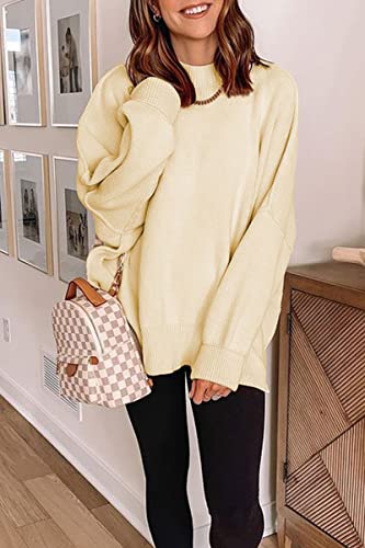 Lillusory Women Cream Sweaters Cashmere Crewneck Batwing Long Sleeve Sweater Oversized Knit Side Slit Pullover Top #TOP3
