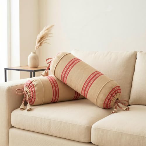 Image of SAJAVAT HOME Bolster Cover Pack of 2, Light Yellow Red Stripe Cotton Bolster Pillow Covers with Tie Closure | Round Pillow Cover Set for Bed, Sofa & Side Pillow | 16x32 Inch