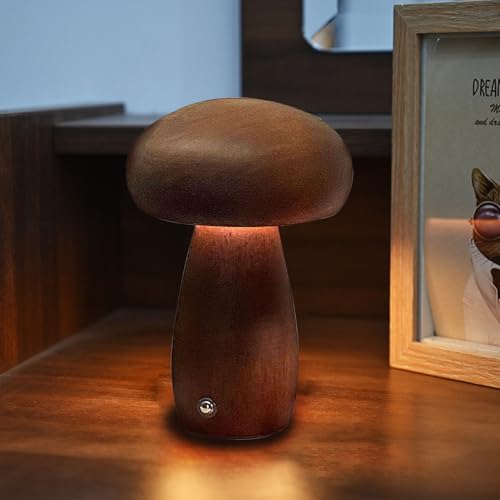 Wooden Mushroom Night Light, Cute Small Mushroom Desk Lamp, USB Rechargeable Mushroom Bedside Table Lamp - Image 3