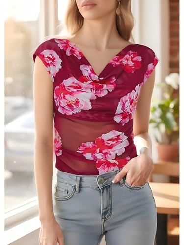 GERT COREL Women's Cowl Neck Sleeveless Top 2026 Sleeveless Ruched Floral Printed Shirts Summer Tank Tops Burgundy - image 3
