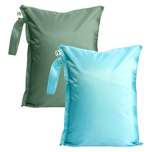 Image of Tiny Twinkle Mess Proof Wet Bags | 2-Pack Reusable Waterproof Wet Bags for Swimsuits | Baby Clothes | Travel & Diaper Bag (Slate, Olive)