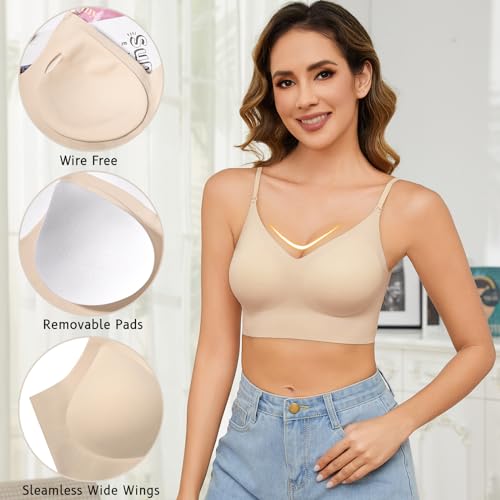 Niwicee Low Back Bra for Women Seamless Bras Deep V Shaped Plunge Backless Bra Multiway Strap Convertible Halter Bra Wirefree with Padding Removeable(Skin,L) - Image 5