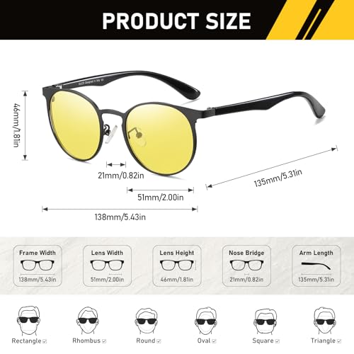 DUCO Night Vision Glasses for Men Women Chic Metal Polygon Frame, Anti-Glare, UV400 Protection, Yellow Polarized Lens 309Y3