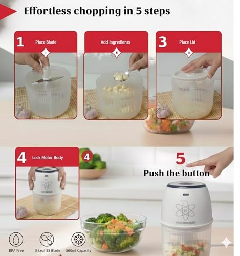 Image of Rechargeable mini electric chopper for kitchen,360 ml, Food Grade Bowl, Stainless Steel Blades, One Touch operation, Mincing Garlic, Ginger, Onion, Vegetable,Nuts(color-SMOKE WHITE)