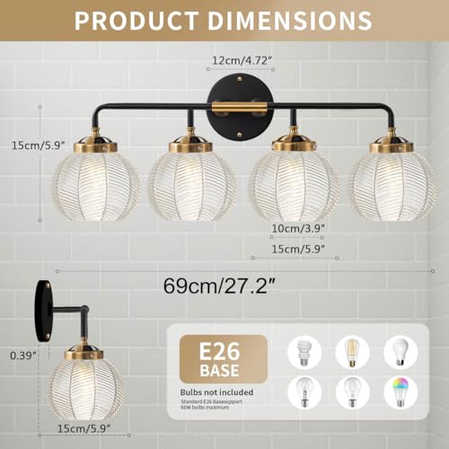 Image of 4-Light Black Gold Bathroom Light Fixture Vanity Light Sconces Wall Decor Set of 2 with Clear Glass Ribbed Globe Shade Bathroom Vanity Lights Above Mirror for Powder Room Farmhouse