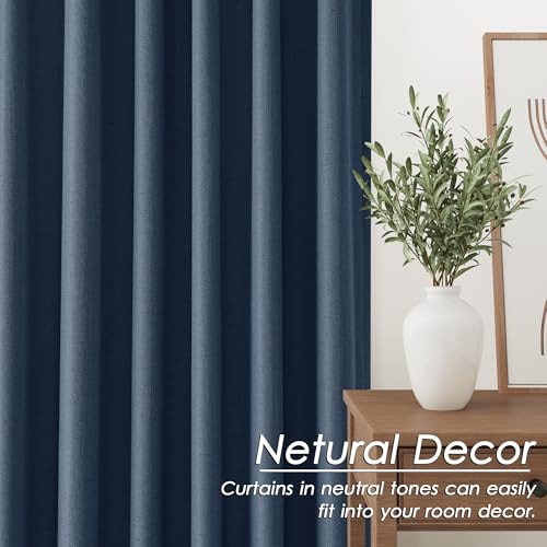 Image of Denim Blue 100% Blackout Linen Curtains for Bedroom 102 Inches Long Back Tab Thermal Insulated Modern Farmhouse Decor Black Out Curtain for Living Room Dining Room Rod Pocket Drapes 52x102, 2 Panels