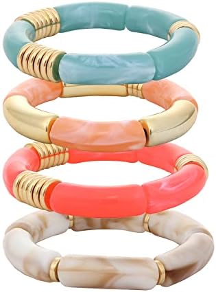 MythDone Chunky Bamboo Tube Bracelets Colorful Curved Resin Stretch Bracelet Gold Stacking Bangles Acrylic Beads Stretchable Friendship Bracelets for Women (4pcs style A)