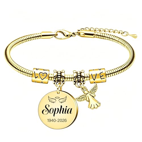 Gold Bracelets for Women Men Custom Memory Bracelets for Loss Loved One with Name Dates Personalized Angel Memorial Bracelet Sympathy Remembrance Gift for Mother Father Loss of Husband Keepsake Charm