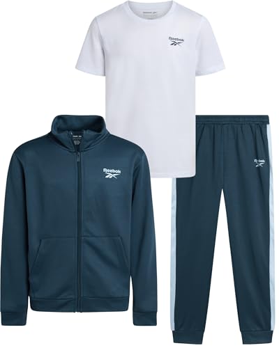 Reebok Boys Jogger Set - 3 Piece Athletic Tracksuit with Tricot Zip Jacket, T-Shirt, and Jogger Sweatpants for Boys, Size 12, Hood Blue