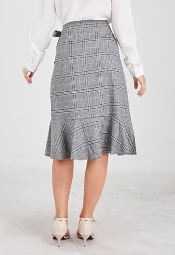 chouyatou Women's Elegant Work Wear Adjustable Waist Flounce A-Line Plaid Midi Wrap Skirt4