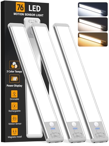 Under Cabinet Lighting Wireless, Rechargeable Motion Sensor Light Indoor, 3 Color Dimmable Closet Light Battery Operated with LED Power Display, Magnetic Under Counter Lights for Kitchen, Home (3Pack)