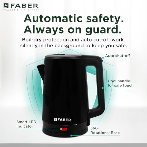 Image of Faber Electric Water Kettle| 1.8L| 1500W| 3x Protection - Auto Off, Dry Boil, Overheating| SS Body| Wide Mouth| 360 Swivel Power Base| For Water, Tea, Coffee, Milk| FWK 1.8L TIMON BK