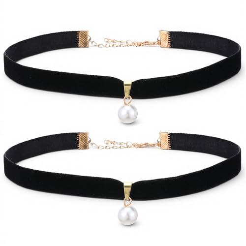 Black Velvet Pearl Choker Necklace 90s Vintage Necklace Adjustable Short Collar for Women Classic Pendant Suede Black Velvet Collar for Valentines Day Halloween Cosplay Party Jewelry Neck Accessories