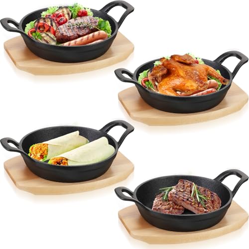 Sliner 4 Sets Mini Cast Iron Skillet Small Cast Iron Plates Skillet with Wooden Base Small Round Pan Fajita Plate Pot for Baking Cooking(3.9 Inch)