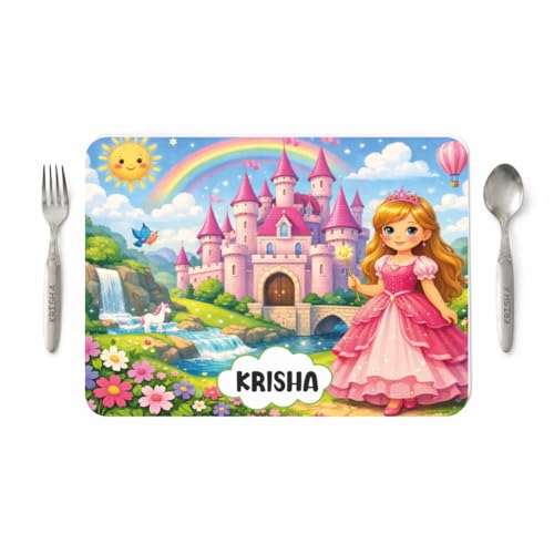 Image of Customized Table Mat with Name & Design Engraving | Personalized Dining Mat with Spoon & Fork | Customized Birthday Gift for Kids (Princess)