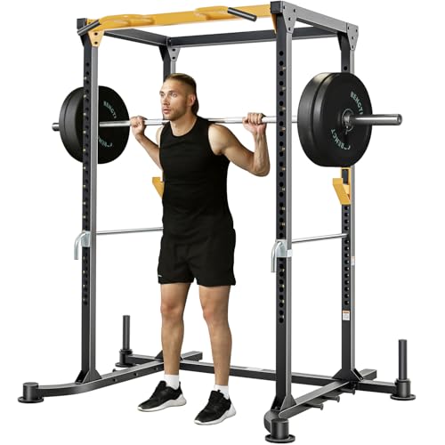 Squat Rack Power Cage, 82" Large Squat Stand Rack 2000lbs Capacity, Stable and Durable Power Rack with Pull-Up Bar, Heavy Duty Adjustable Power Cage with Weight Plate Storage Attachment for Home Gym