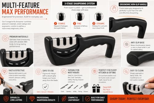 Image of 3-Stage Knife Sharpener | Easy Manual Knife Sharpener with Prep, Sharpen & Finish Sharpening Slots | Quick & Safe Blade Restoration for Kitchen Knives Ergonomic Non-Slip Handle Professional Use