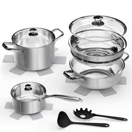 Topfset Induktion 12-teilig, Edelstahl Kochtopf Set mit 3-lagigem Sandwichboden, inkl. Dampfgarer, 3x Pfannenschutz & Kochbesteck, Backofenfest bis 250°C & Spülmaschinenfest, für alle Herdarten Topfset Induktion 12-teilig, Edelstahl Kochtopf Set mit 3-lagigem Sandwichboden, inkl. Dampfgarer, 3x Pfannenschutz & Kochbesteck, Backofenfest bis 250°C & Spülmaschinenfest, für alle Herdarten
