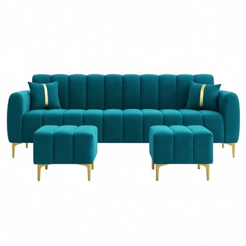 Image of Harmonica 3 Seater Modular L Shape Sofa Set with 2 Ottoman| Soft Velvet Upholstery, Sturdy Wooden Frame | Modern Sofa for Living Room, Hall & Office Spaces (Aqua Blue)