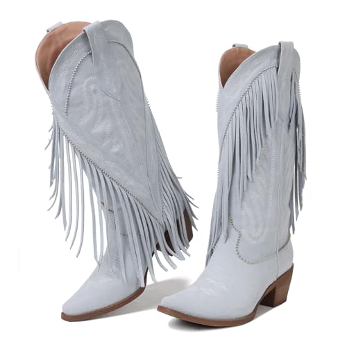 Image of Cowgirl Boots for Women Retro Pointed Toe Pull On Block Chunky Heel Embroide Tassel Country Concert Outfits Mid Calf Western Fringe Cowboy Boots