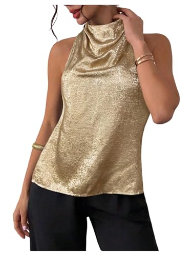 OYOANGLE Womens Metallic Sleeveless Halter Top Open Back Ruched Party Going Out Tops Gold Large