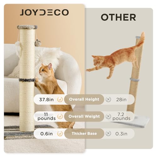 Joydeco Cat Scratching Post 38 Inches Heavy Duty and Thick Scratching Post Sisal Rope with Hanging Ball and Mice for Indoor Cats(Grey)