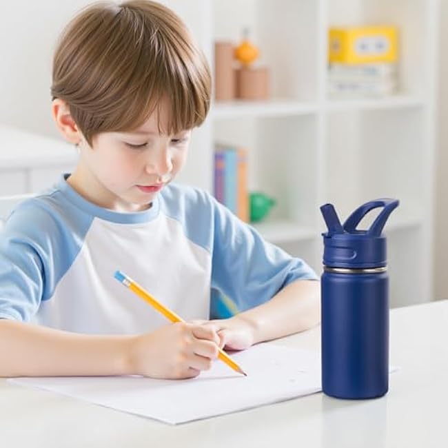 12oz Kids Water Bottle for School, Toddler Water Bottles with Straws, Insulated Water Bottles for Boys&Girls, Stainless Steel Vacuum Insulated Bottle for Kids, Leak-Proof, BPA-Free, Blue