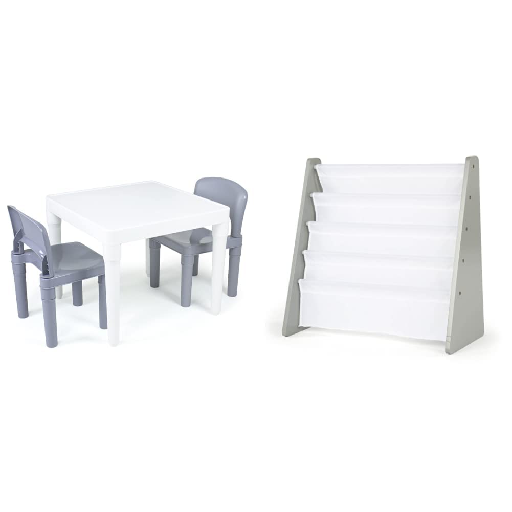Humble Crew Kids Dry Erase Plastic Table and 2 Set, White Table & Grey Chairs & Grey/White Kids Book Rack Storage Bookshelf, 4 Tiers