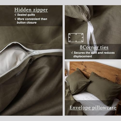 Image of XZ XIFA 100% Washed French Flax Linen Duvet Cover Set - 3 Pieces, Cooling & Textured Farmhouse Bedding for Hot Sleepers, with Zipper Closure (Olive Green, King)