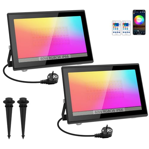 Foco LED RGB Exterior 60W 2 Piezas, T SUN Foco LED Rgb con Control Remoto & APP Bluetooth 16 Millones de Colores IP66 Impermeable Sinc Musical Proyector RGBCW Exterior Para Jardín Fiestas Terraza