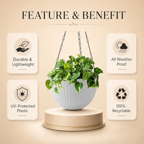 Image of YUCCABE ITALIA SHERA URO-Basket Plastic Flower Pot with Drainage Holes Round Planter Pot Suitable for Inddor Outdoor Kitchen (White, 8 INCH - 12 Pcs)
