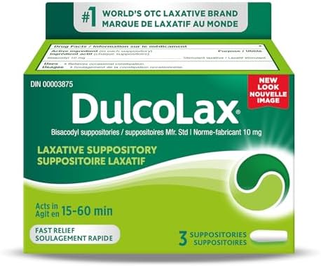 Dulcolax Bisacodyl Laxative Suppositories, 10mg Laxatives for Relief of Occasional Constipation Within 15-60 Minutes, Constipation Relief for Adults and Kids 12 and Over, Breastfeeding Women, 3 Count