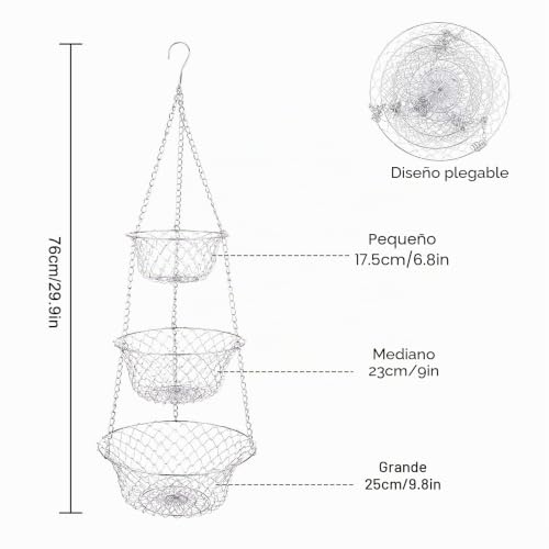 Miniatura 2 de Lxwsin Frutero Para Colgar, 3 Estantes, Cesta Para Frutas Para Colgar, Cuenco Para Colgar, Soporte De Alambre Metálico, Resistente Organizador De Cocina Para Frutas, Verduras, Flores Y Plantas, Color